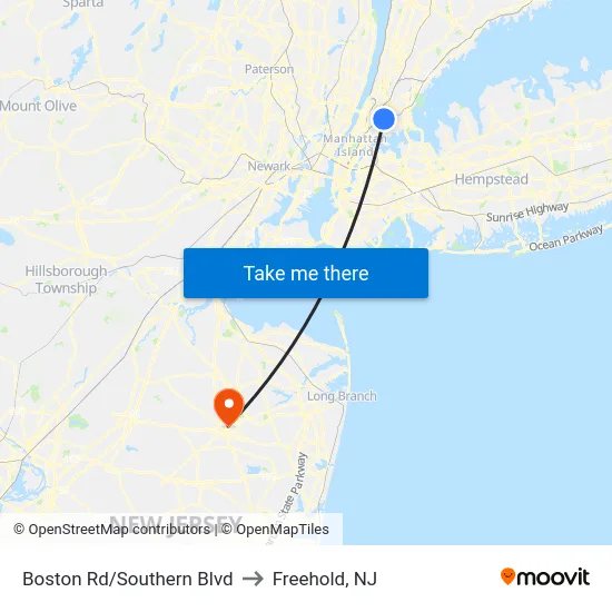Boston Rd/Southern Blvd to Freehold, NJ map