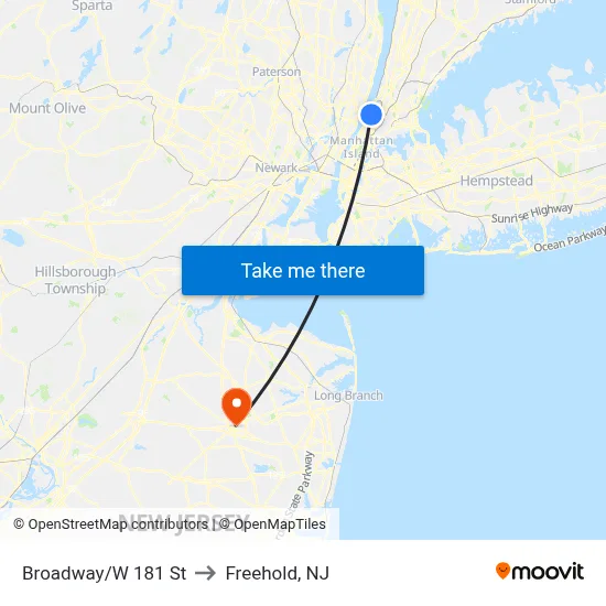 Broadway/W 181 St to Freehold, NJ map