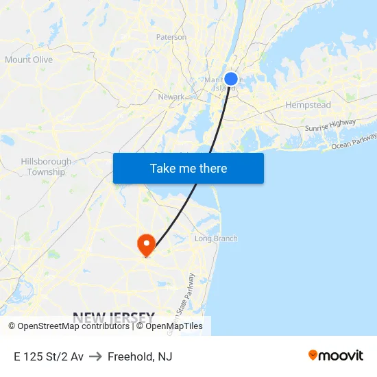 E 125 St/2 Av to Freehold, NJ map
