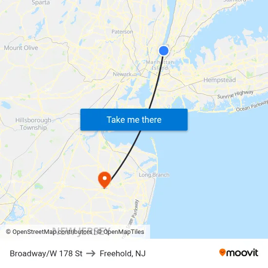Broadway/W 178 St to Freehold, NJ map