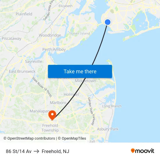 86 St/14 Av to Freehold, NJ map