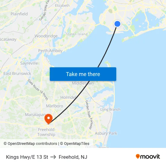 Kings Hwy/E 13 St to Freehold, NJ map