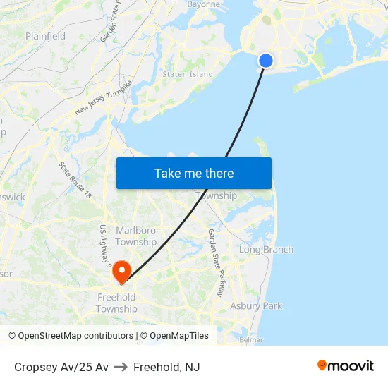 Cropsey Av/25 Av to Freehold, NJ map