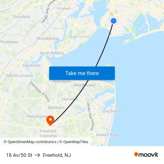 18 Av/50 St to Freehold, NJ map