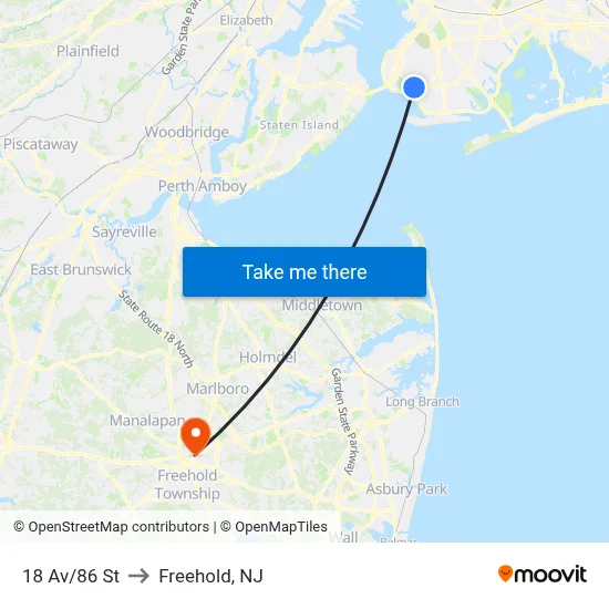 18 Av/86 St to Freehold, NJ map