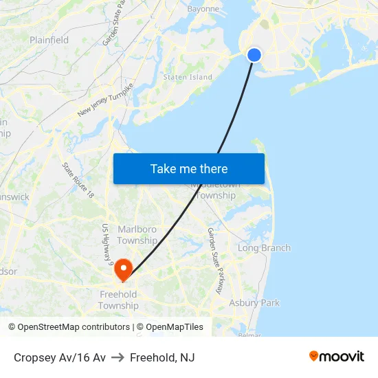 Cropsey Av/16 Av to Freehold, NJ map