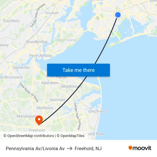 Pennsylvania Av/Livonia Av to Freehold, NJ map