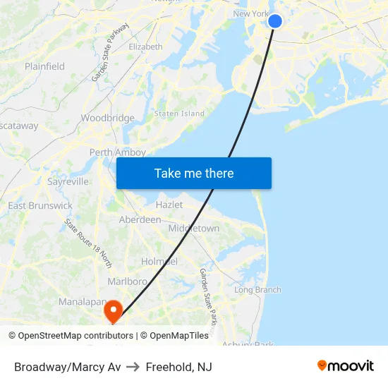 Broadway/Marcy Av to Freehold, NJ map