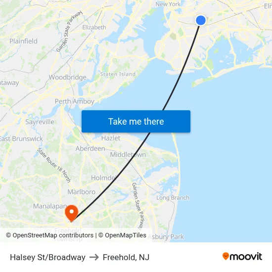Halsey St/Broadway to Freehold, NJ map
