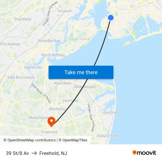 39 St/8 Av to Freehold, NJ map