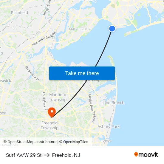 Surf Av/W 29 St to Freehold, NJ map