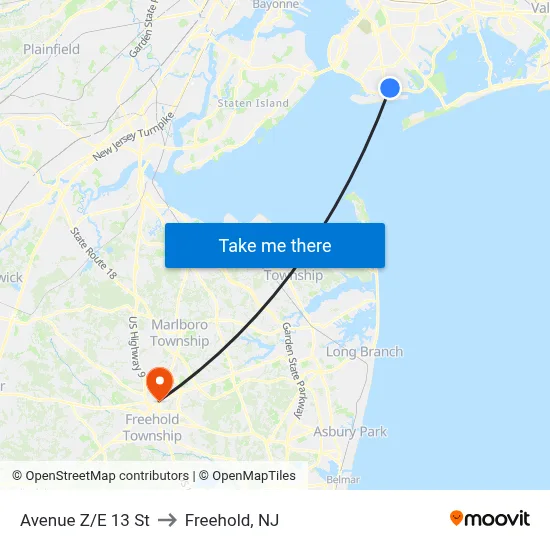 Avenue Z/E 13 St to Freehold, NJ map