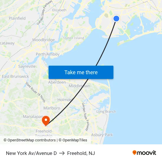 New York Av/Avenue D to Freehold, NJ map