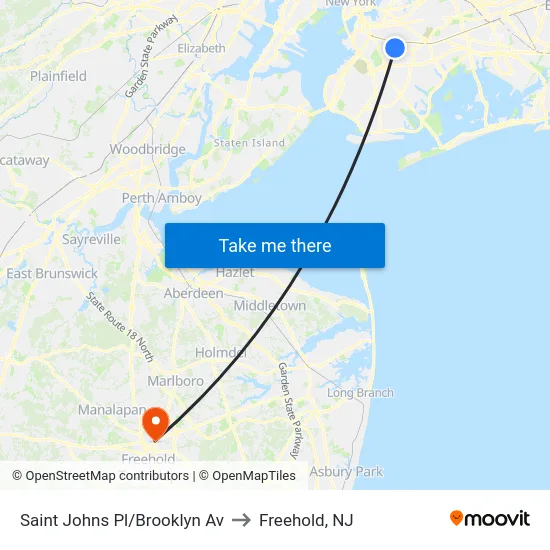 Saint Johns Pl/Brooklyn Av to Freehold, NJ map