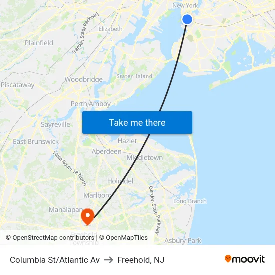 Columbia St/Atlantic Av to Freehold, NJ map