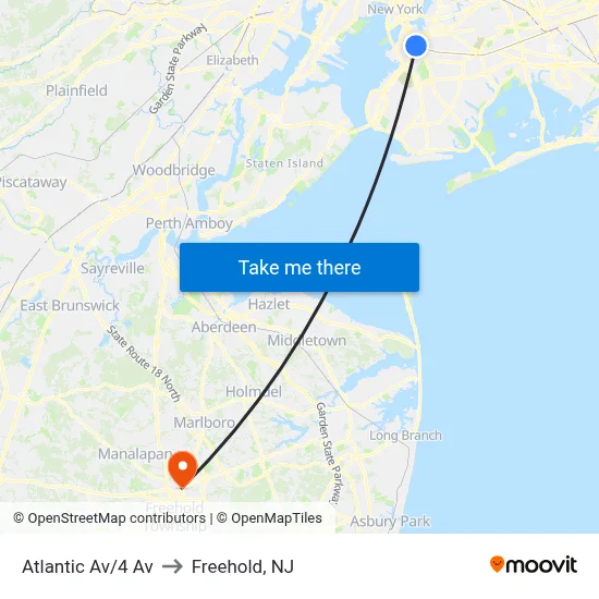 Atlantic Av/4 Av to Freehold, NJ map