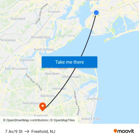 7 Av/9 St to Freehold, NJ map