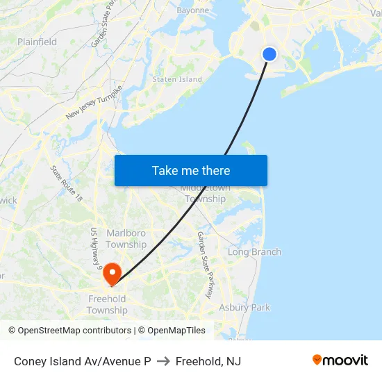 Coney Island Av/Avenue P to Freehold, NJ map