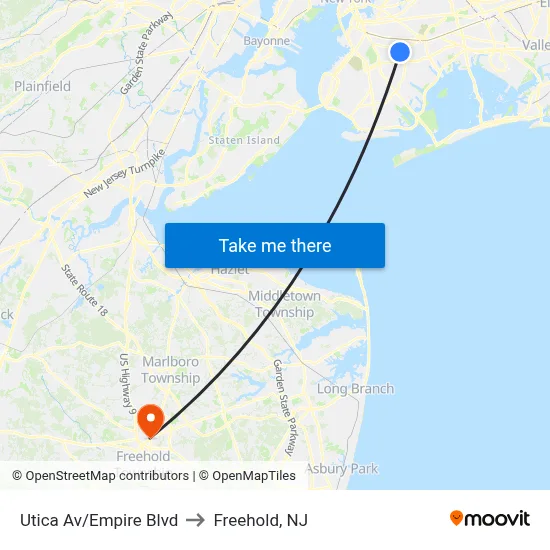 Utica Av/Empire Blvd to Freehold, NJ map
