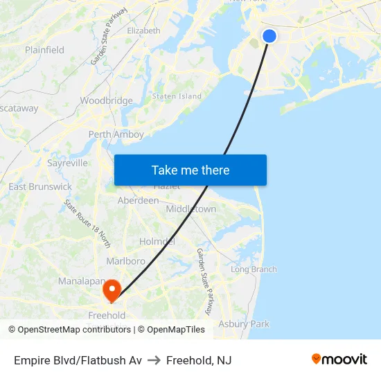 Empire Blvd/Flatbush Av to Freehold, NJ map
