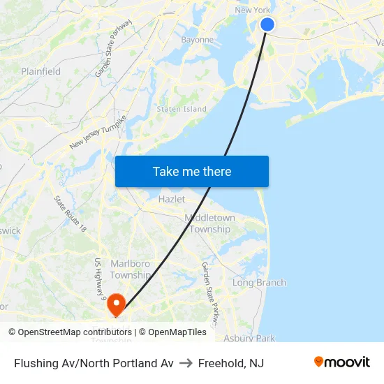 Flushing Av/North Portland Av to Freehold, NJ map