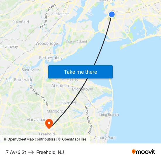 7 Av/6 St to Freehold, NJ map