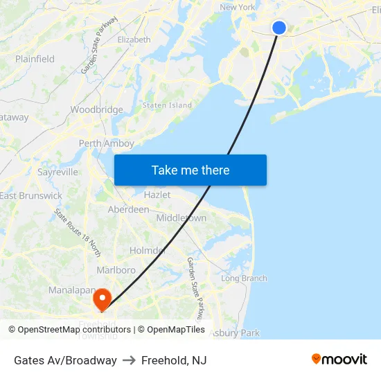 Gates Av/Broadway to Freehold, NJ map
