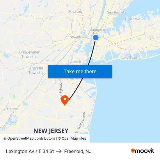 Lexington Av / E 34 St to Freehold, NJ map