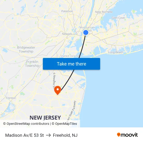Madison Av/E 53 St to Freehold, NJ map