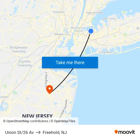 Union St/26 Av to Freehold, NJ map