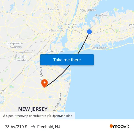 73 Av/210 St to Freehold, NJ map