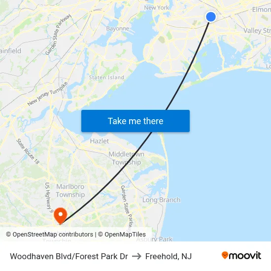 Woodhaven Blvd/Forest Park Dr to Freehold, NJ map