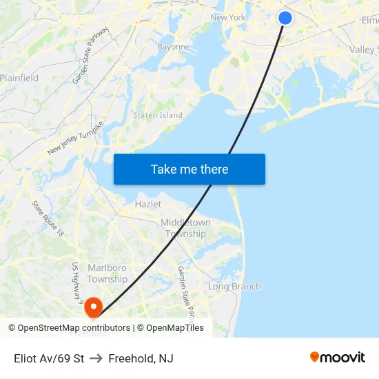 Eliot Av/69 St to Freehold, NJ map