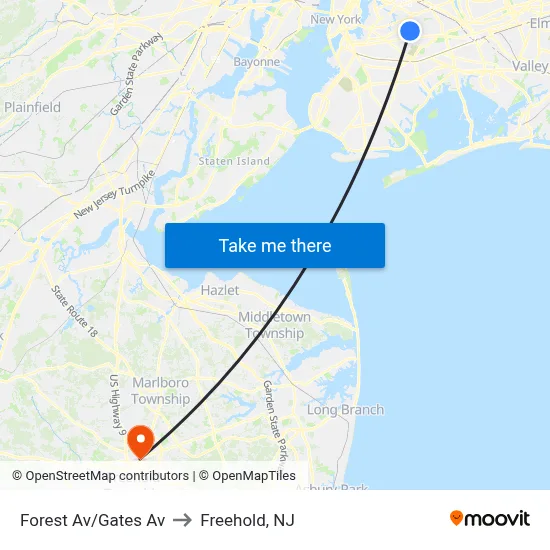 Forest Av/Gates Av to Freehold, NJ map