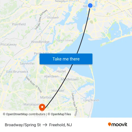 Broadway/Spring St to Freehold, NJ map