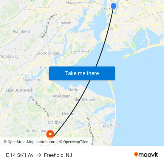 E 14 St/1 Av to Freehold, NJ map