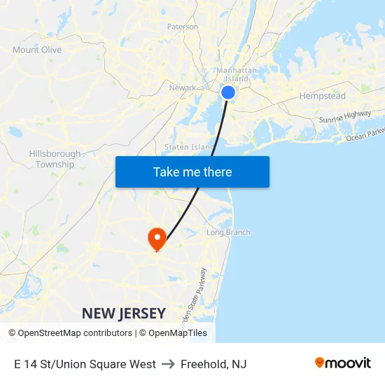 E 14 St/Union Square West to Freehold, NJ map
