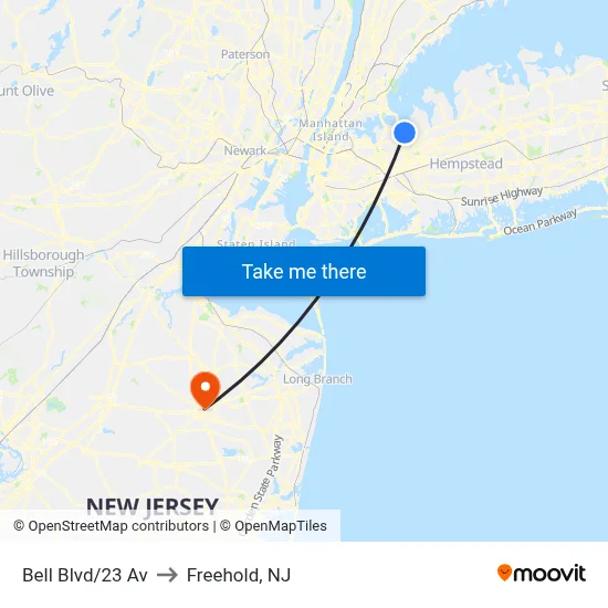 Bell Blvd/23 Av to Freehold, NJ map