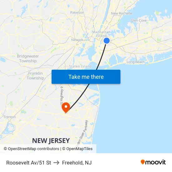 Roosevelt Av/51 St to Freehold, NJ map