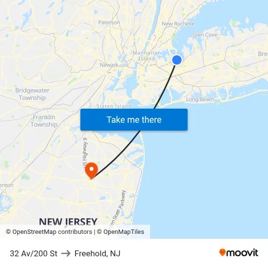 32 Av/200 St to Freehold, NJ map