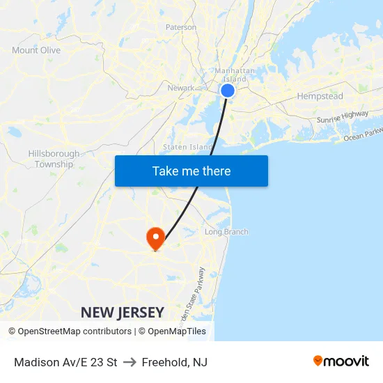 Madison Av/E 23 St to Freehold, NJ map