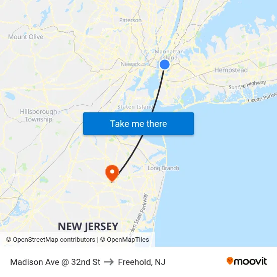 Madison Ave @ 32nd St to Freehold, NJ map
