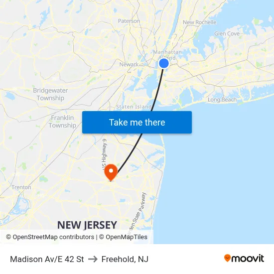 Madison Av/E 42 St to Freehold, NJ map