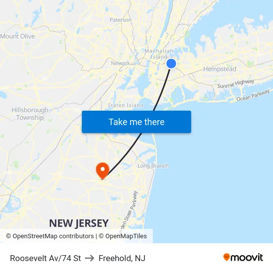 Roosevelt Av/74 St to Freehold, NJ map