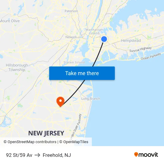 92 St/59 Av to Freehold, NJ map