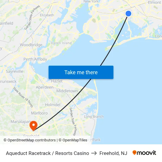 Aqueduct Racetrack / Resorts Casino to Freehold, NJ map