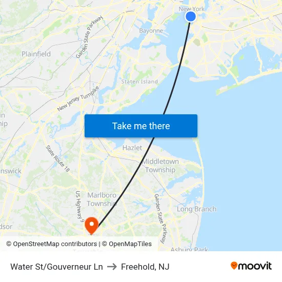 Water St/Gouverneur Ln to Freehold, NJ map