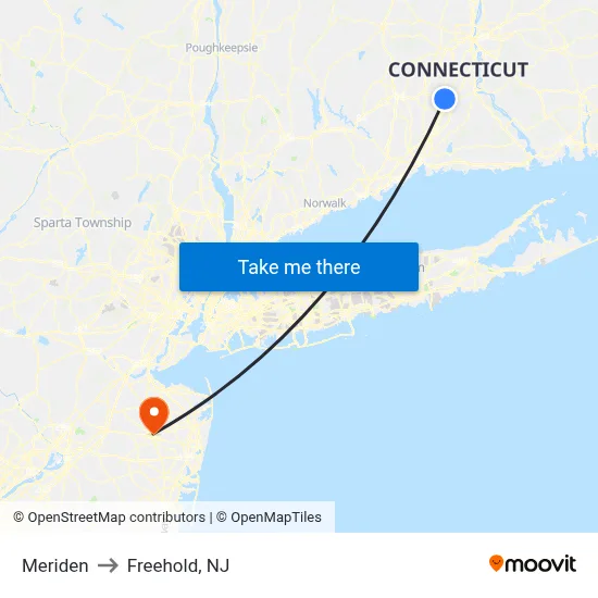 Meriden to Freehold, NJ map