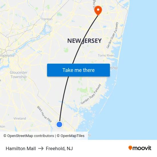 Hamilton Mall to Freehold, NJ map