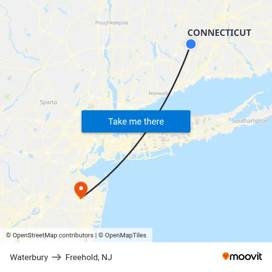 Waterbury to Freehold, NJ map